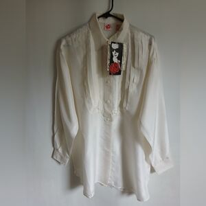 No Boundaries 100% Silk Ivory Tunic Blouse Semi Sheer One Size Button Front